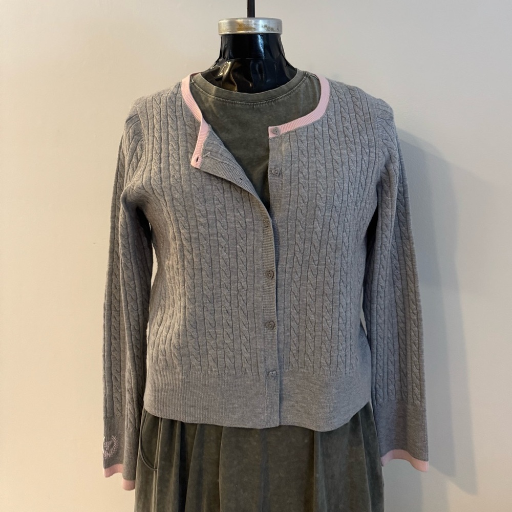 Victoria’s Secret for LoveShackFancy Gray and Pink Cable Knit Cardigan Sweater
